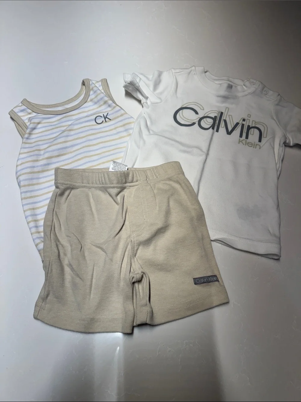 Calvin Klein Infant Three-Piece Tee, Tank & Shorts Set in White and Cream